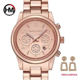 1 set Classic Women Rose Gold Top Brand Luxury Lady Dress Business Fashion Casual Waterproof Watches Quartz Calendar Wristwatch 210616
