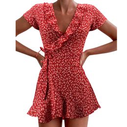 Women Floral Printed Mini Dress Summer V Neck Ruffle Lace Up Sexy Beach Dresses Casual A Line Short Sleeve Holiday Sundress 210412