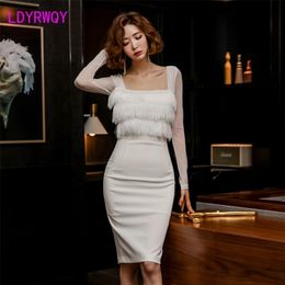 spring style sexy waist pure white fairy cover belly dress Knee-Length Regular Natural Square Collar Sheath 210416