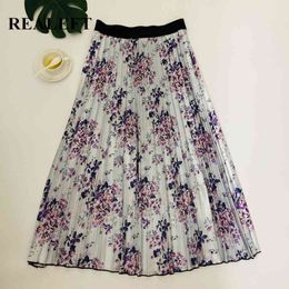 Arrival Summer Women's Floral Printed Pleated Long Skirts Elegant High Waist Harajuku Tulle A-Line Mid-Calf 210428