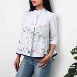 Crane Embroidery Shirt Tops Women Summer Autumn Fashion 3/4 Sleeve Casual Blouses Ladies White Doll Shirts 210401