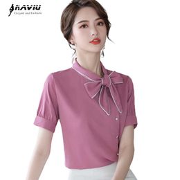 Pink Shirt Women Summer Temperament Elegant Bow Design Short Sleeve Chiffon Blouses Office Ladies Plus Size Work Tops 210604