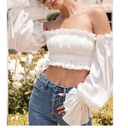 Women T-Shirt Female Long Flare Sleeve Off-the-Shoulder Short Tops Elegant Ladies Ruffles Solid Slim Ruched Clothing 210522