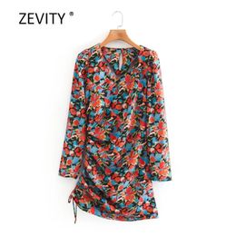 Women vintage v neck flower print side pleated drawstring slim mini dress female long sleeve knitted vestido chic Dresses DS4138 210420