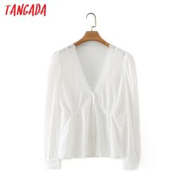 Women Lace Patchwork White Shirts Long Sleeve V Neck Elegant Office Ladies Tops Blouses 5X44 210416