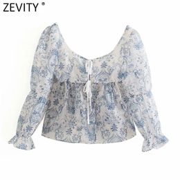 Women Fashion Floral Print Transparent Organza Blouse Female Puff Sleeve Lace Up Smock Shirt Chic Summer Tops LS9230 210420