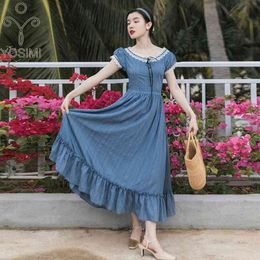 YOSIMI Long Women Dress Summer Vintage Blue Cotton Lacce O-neck Mid-calf Fit and Flare Short Sleeve Vestido Feminino 210604