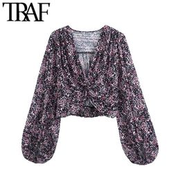 TRAF Women Fashion With Bow Tied Floral Print Cropped Blouses Vintage V Neck Puff Sleeve Female Shirts Blusas Chic Tops 210415
