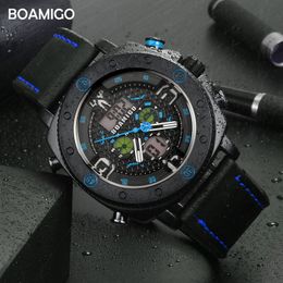 BOAMIGO Brand Men Sports Watches Fashion Quartz LED Digital Wristwatches Waterproof leather Clock Reloj Hombre relogio masculino X0524