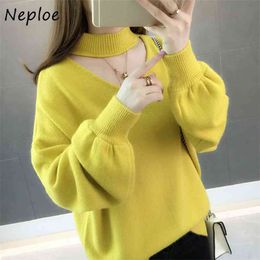 Korean Autumn Winter Knitting Pullover Women Half Turtleneck Long Lantern Sleeve Solid Sweater Loose Fashion Tops 210422