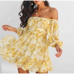 Long Sleeve Floral Print Beach Style Dress Women Off The Shoulder Bohemian Summer Sundress Cute Yellow Mini Dresses Female 210427