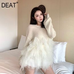O-neck Collar Pure Mesh Patchwork Knitted Sweater Women Solid Beige High Street Fashion Tide Spring GX068 210421