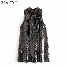 Women High Street O Neck Bow Tied Shinning Sequins Party Mini Dress Female Chic Sleeveless Vest Vestido DS4893 210416