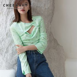 Neon Green Satin Long Sleeve Top Women Tshirt Flare Hollow Out Tee Shirt Floral Print Ladies Fall 210427
