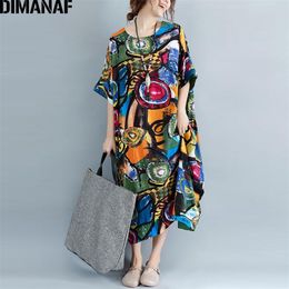 DIMANAF Women Dress Plus Size Summer Pattern Print Linen Colourful Female Loose Batwing Casual Retro Vintage Large Size Dresses 210329