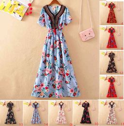 Woman Summer Bohemian Long Dresses Flower Print V Neck Boho Vintage Sundress Plus size 3XL women Beach Maxi Dress 210520