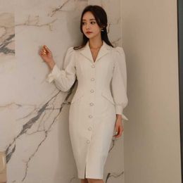 Single Breasted Notched neck Natural Waist Lantern Sleeve Bodycon Dress Autumn Women Solid office OL work Dresses 210529