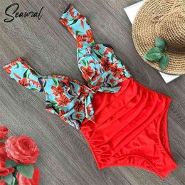 Sexy Ruffle Swimsuit Off The Shoulder Swimwear Women Deep-V Bathing Suits Beach Wear Swim Suit 210630