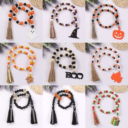 Wall Decor Halloween Christmas Wood Bead Garland Decorated with sign pendant Tassel Farmhouse Beads Party Favour Decorations M3808