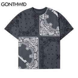 T-Shirts Streetwear Hip Hop Casual Color Block Bandana Paisley Pattern Print Short Sleeve Cotton Harajuku Tshirts Tops 210602
