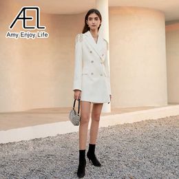 AEL Women White Blazer Dress Spring Office Wear Elegant Chain Double-Breasted Minidress Slim Suit Coat 210930