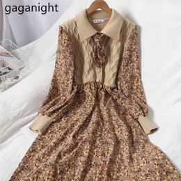 Fashion Lace Up Women Maxi Dress Corduroy Turn Down Collar Knit Chic Floral Sweater es Winter Vestidos 210601