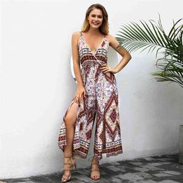 Foridol Lace Spliced Backless Strap Jumpsuits Women Boho Beach Slit Long Pants V Neck Overallas Floral Print Bohemian Jumpsuits 210415