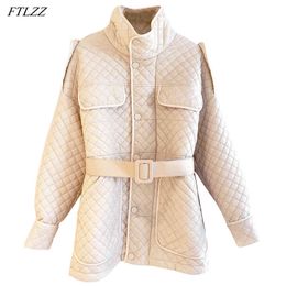 Winter Women 90% White Duck Down Coat Elegant Stand Collar Argyle Jacket Button Zipper Slim Solid Outwear with Belt 210423