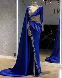 Sexy Royal Blue Evening Dresses With Beading Long Sleeves Neck Prom Gowns Satin High Split Party Dress For Women