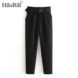 Office Lady Black Suit Pants with Belt Women High Waist Solid Long Trousers Fashion Pockets Pantalones 210508