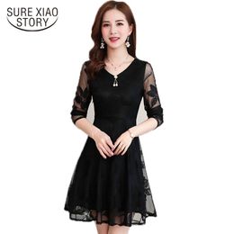 Korean Version Plus Size Long Sleeve Solid Sexy Lace Dress Summer Office Lady Knee-Lenght Quality Women 4925 50 210510