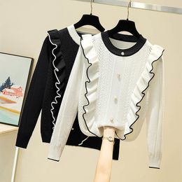 JXMYY Small fragrant button Colour matching ruffled ice silk long-sleeved sweater women's round neck fungus bottoming shirt top 210412