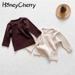 spring girls T-shirt simple and sweet long-sleeved loose round neck top fashion clothes 210701