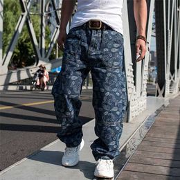 Moda erkek artı kot pantolon gevşek bol rahat denim pantolon düz pantolon hiphop harem sokak kıyafetleri 211108