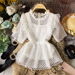 Lace Hollow Out Blouse Women Solid Summer Korean Vintage Fashion Shirt Zipper Ruffles Blusas Mujer Tops 16588 210415