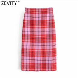 Zevity Women Vintage Red Plaid Print Casual A Line Midi Skirt Faldas Mujer Female Side Zipper Split Slimming Vestidos QUN743 210721