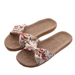 Mujer lino deslizador verano diapositivas casuales zapatos de playa damas zapatillas de lino interior bohemia arco floral flip flops sandalias