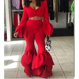 2 Piece Crop Pants Women Sexy Red Tops Long Sleeves Ruffles Club Night Party Wear Slim Fashion Bodycon Two Pieces Sets 210416