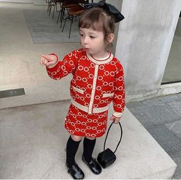 Girls' Fall Clothing New Letter Embroidery Pearl Single Breasted Cardigan Sweater + Short Skirt Korean Children's Set 80-140cm