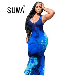 Big Size XL-5XL Summer Autumn Sexy Spaghetti Strap Dress Women Tie Dye Printed Backless Maxi Long Night Club Robes Vestidos 210525