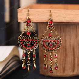 Creative Retro Dangle Earrings Women Hangers Temperament Semicircle Long Pendant Red Bead Wedding Earring Female Tassel Ear Jewellery
