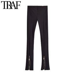 TRAF Women Chic Fashion Zipper Hems Skinny Black Pants Vintage High Elastic Waist Female Trousers Mujer 210415