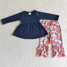 Clothing Sets Baby Girls Floral Outfits Boutique Wholesale Kids Long Sleeves Navy Top Set Children Sale Clothes