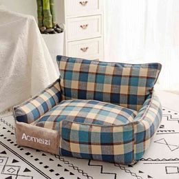 Plaid Pet Bed for Small Medium Large Dog Detachable Kennel All Season Breathable Dogs House Washable Cotton Puppy Sofa 210401