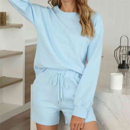 95% Cotton Tops+Lace Up Shorts Women Pajamas Sets Solid O Neck Long Sleeve Ladies Sleepwear 2 Pieces Set Summer Loungewear 210901