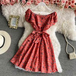 Summer Style Ruffled Neckline Strapless Floral Vestidos Women's Waist Lace Sweet Big Swing Dress C883 210506
