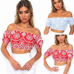 Fashion Women Ladies Summer Sweet Tops 2 Style Off Shoulder Slash Neck Floral Print Short Length Tops Size S/M/L/XL X0507