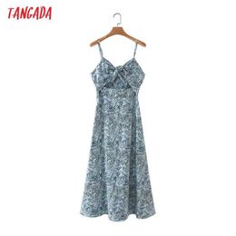 Tangada Women Bow Hollow Beach Midi Dress Strap Sleeveless Fashion Lady Sexy Dresses Vestido 4T60 210609