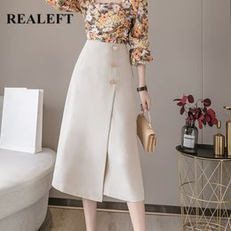 Office Lady Skirts Autumn Women Midi Front Cross Korean Style High Waist Button A-Line Female 210428