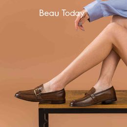 Dress Shoes Beautoday Women Penny Loafers Cow Leather Square Toe Metal Buckle Decoration Slip on Fashion Low Heel Handmade 27230 2 9